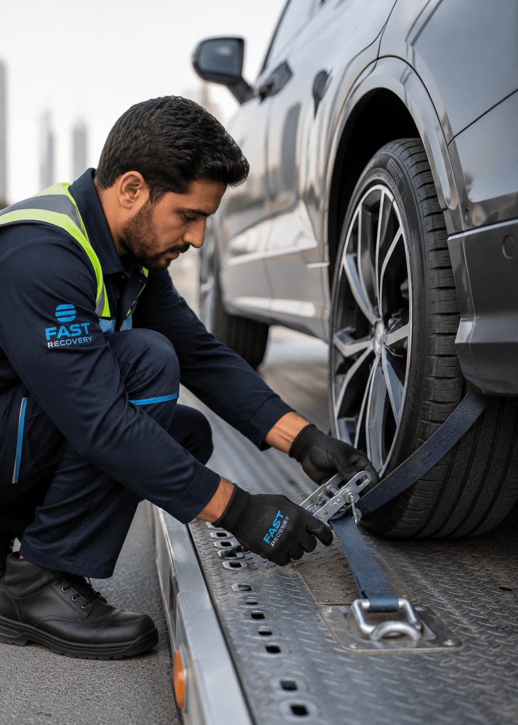 FAST RECOVERY operator securing a vehicle wheel on a flatbed