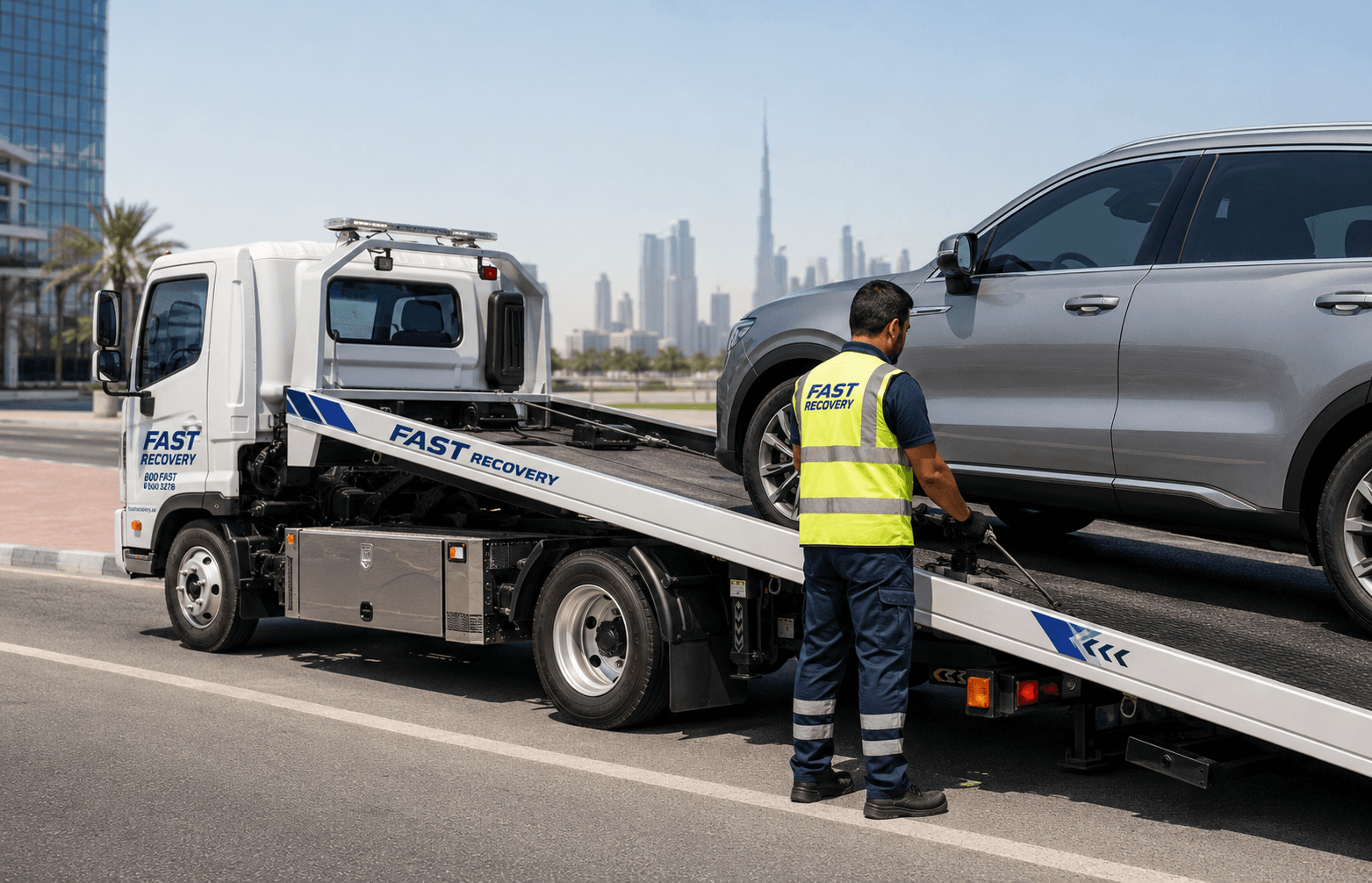 FAST RECOVERY operator coordinating a vehicle recovery in Dubai
