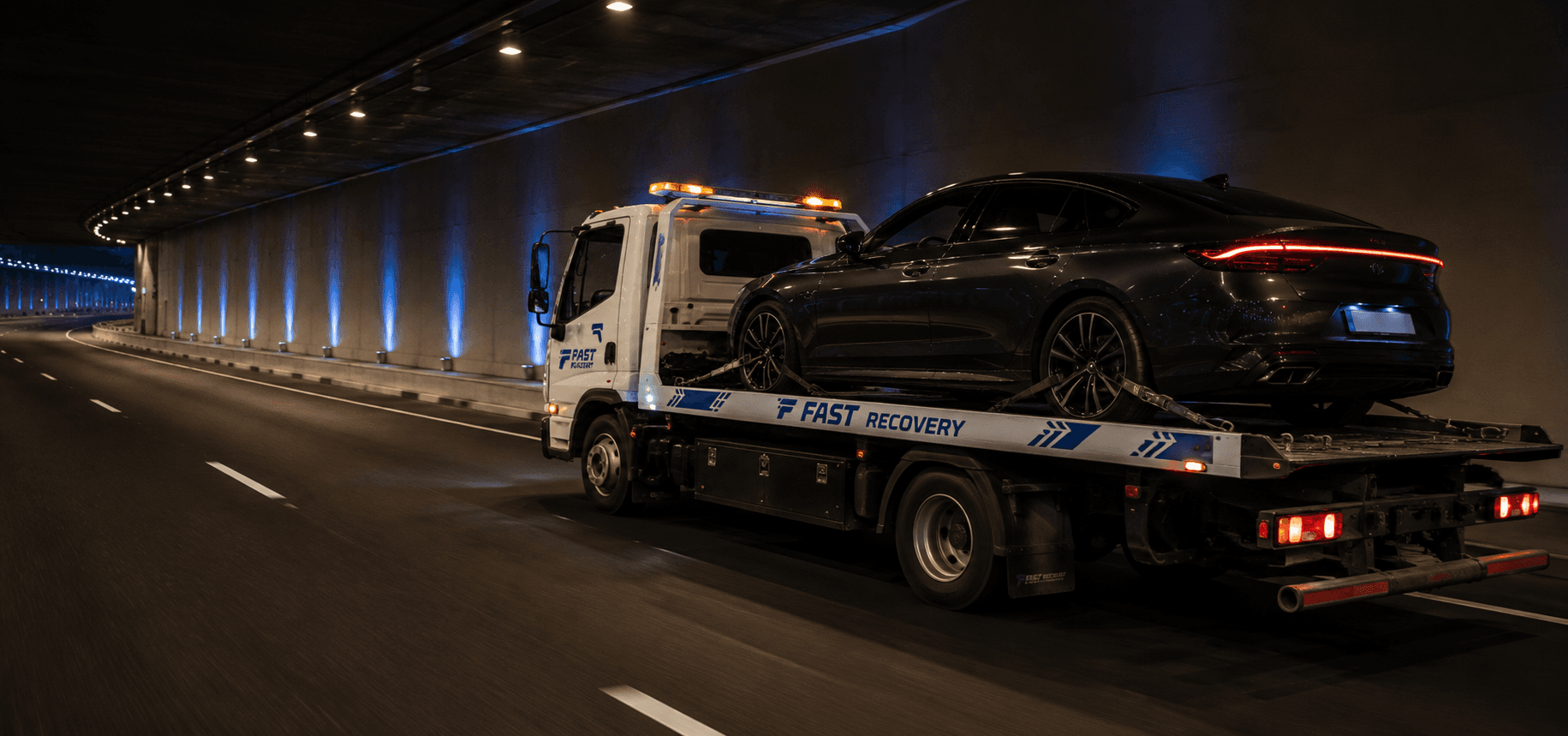 FAST RECOVERY flatbed truck transporting a vehicle at night in Dubai