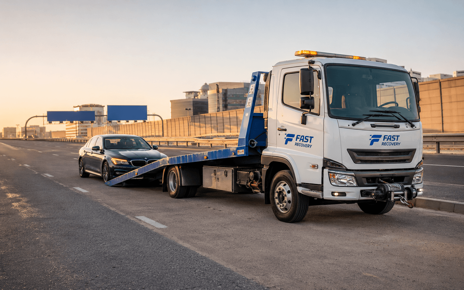 FAST RECOVERY flatbed truck preparing to load a vehicle on Airport Road in Dubai