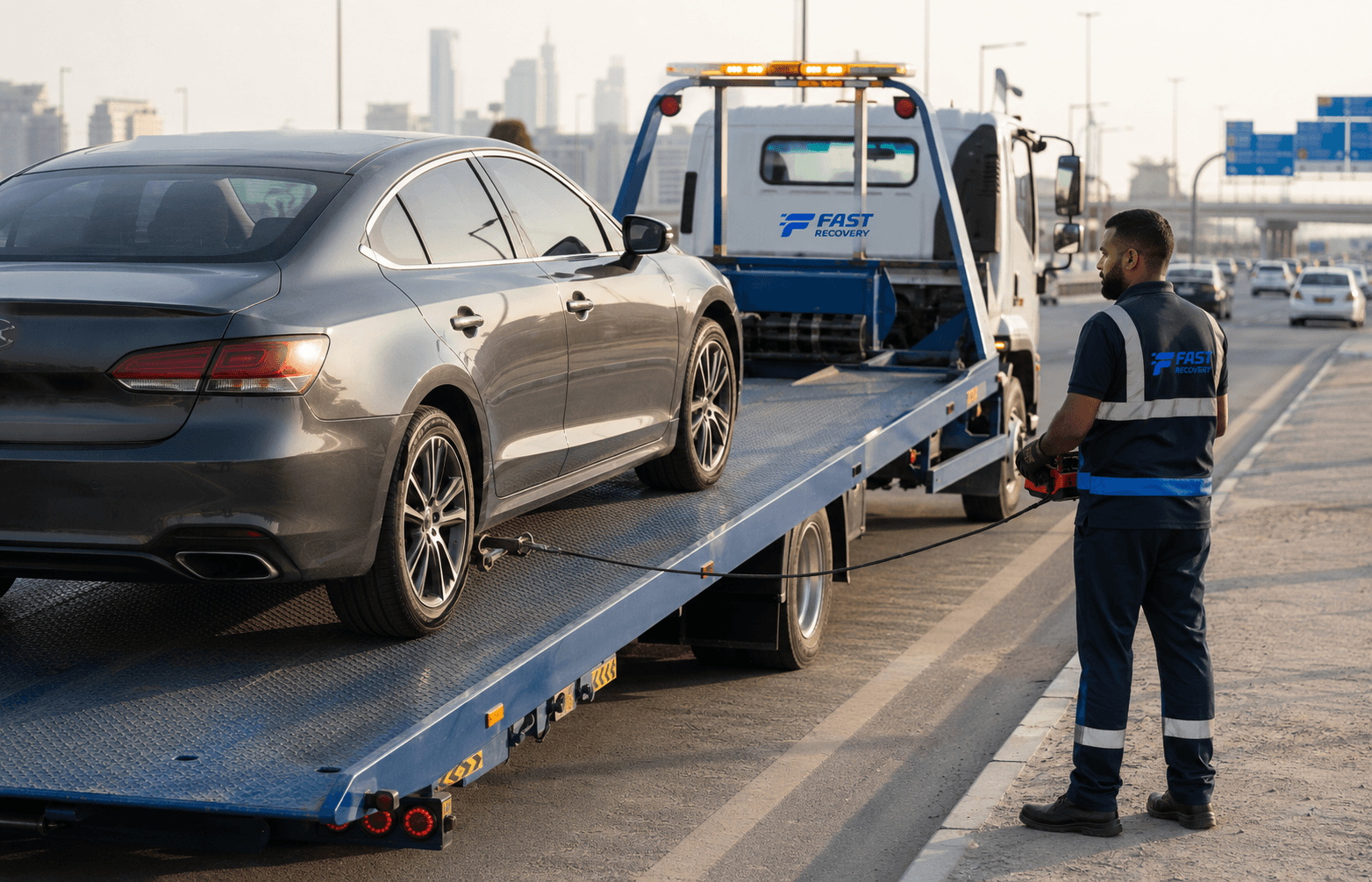 Vehicle being carefully loaded onto a FAST RECOVERY flatbed on Airport Road