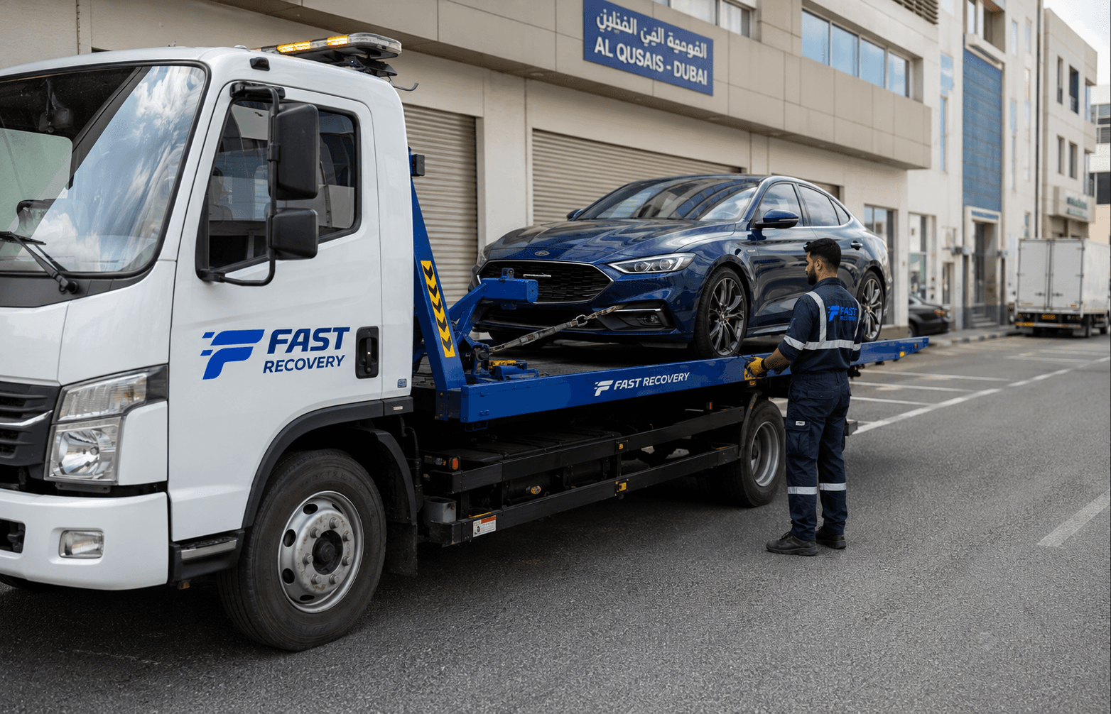 Blue sedan being winched onto a FAST RECOVERY flatbed in Al Qusais