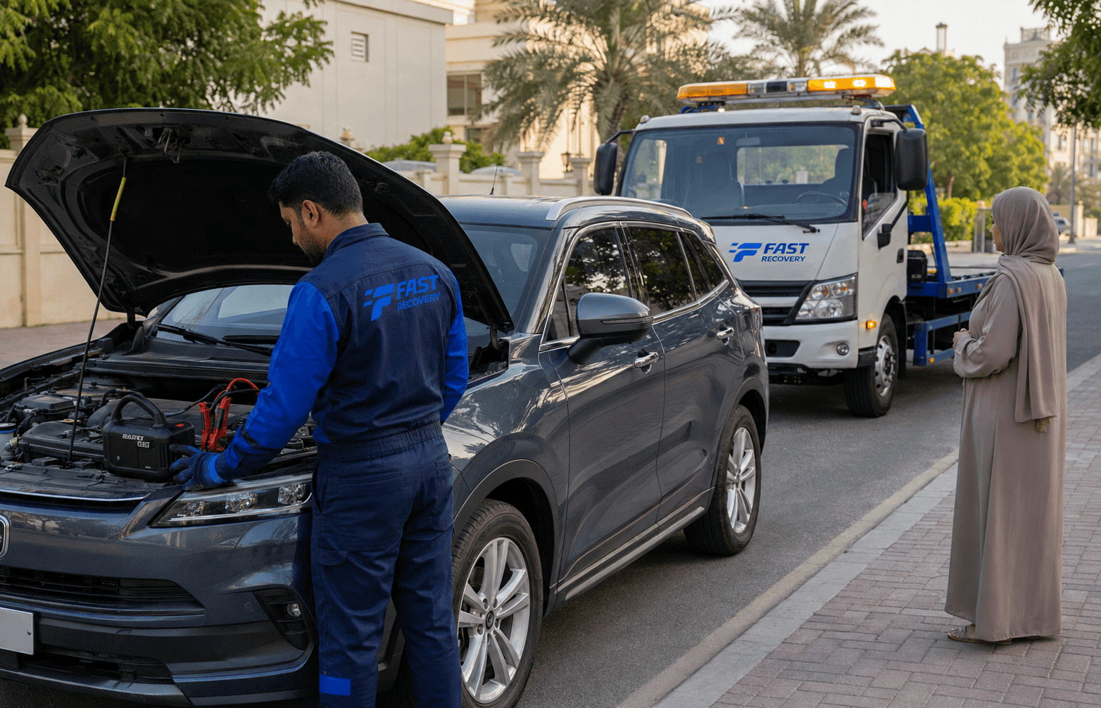 Driver waiting safely near a stationary vehicle on a Dubai road