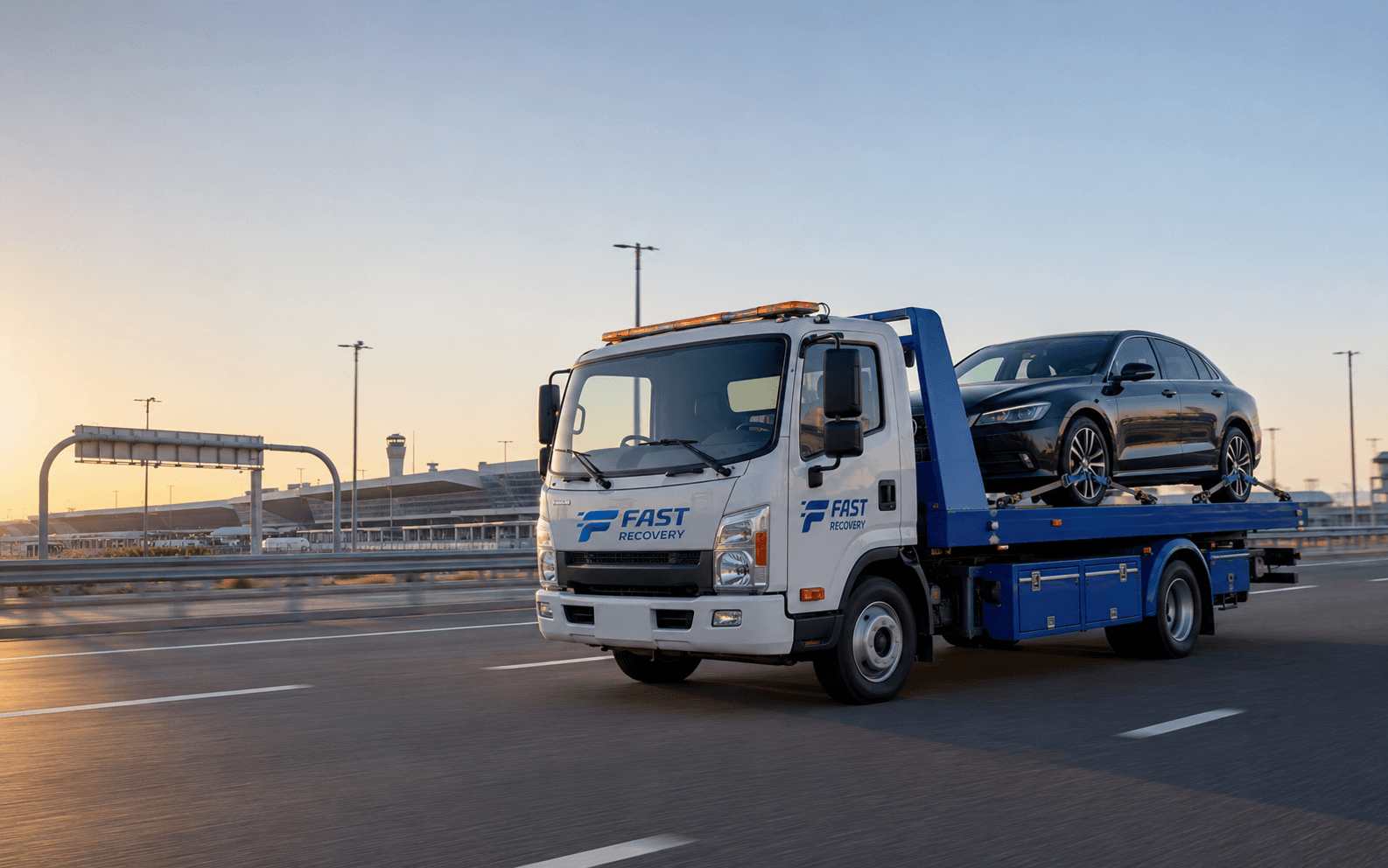 FAST RECOVERY flatbed truck transporting a vehicle near Dubai International Airport