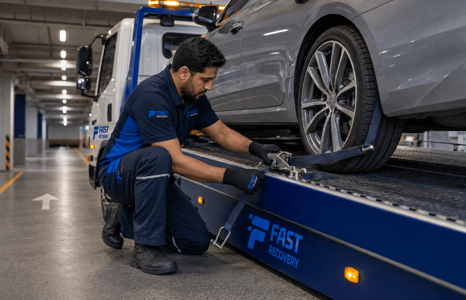 Vehicle wheels being secured on a FAST RECOVERY flatbed