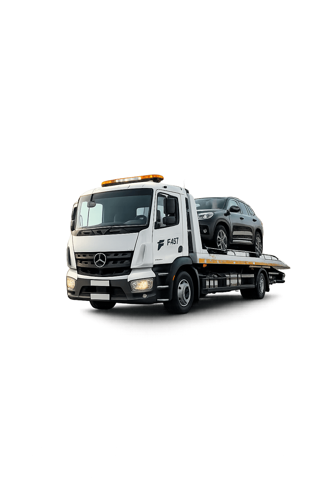 FAST RECOVERY flatbed truck prepared for vehicle transport
