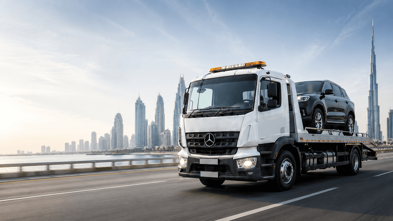 FAST RECOVERY flatbed recovery truck on a Dubai road