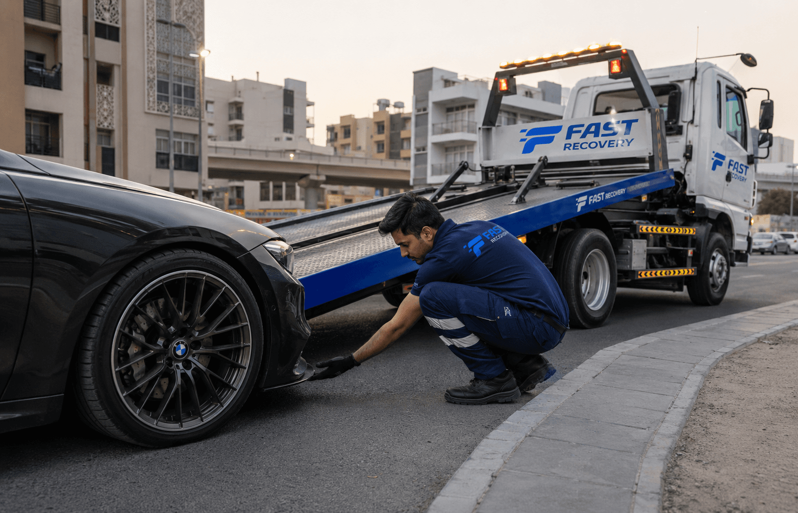 FAST RECOVERY technician checking vehicle clearance before loading in Al Garhoud