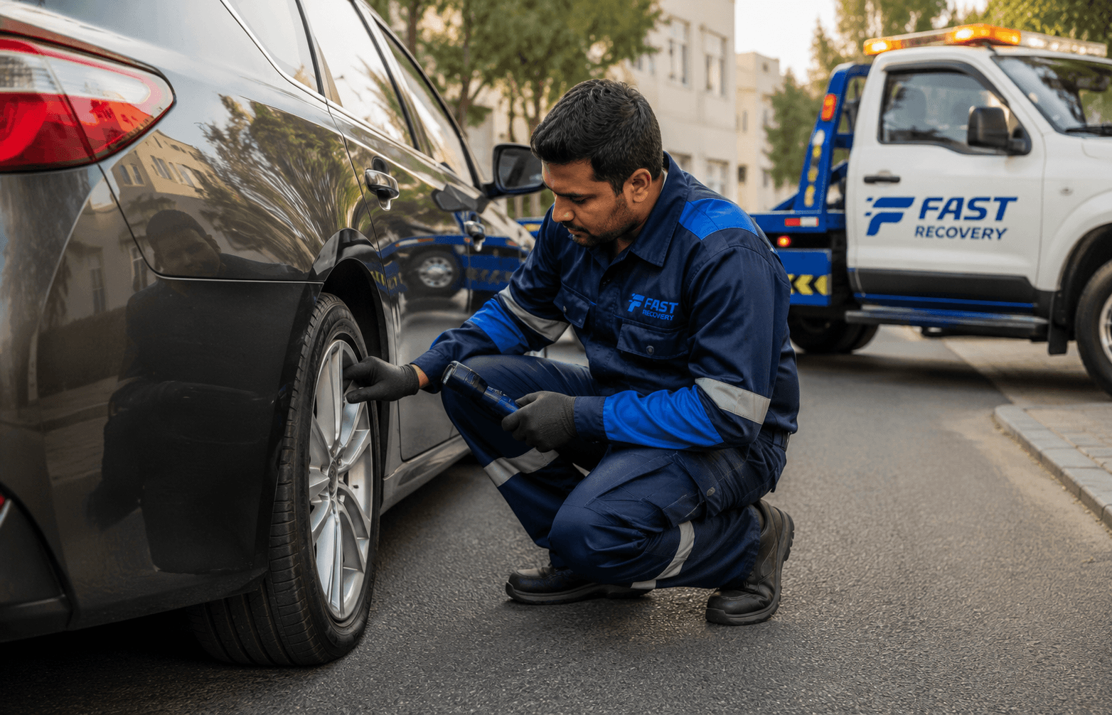 FAST RECOVERY technician inspecting a flat tyre in Al Twar
