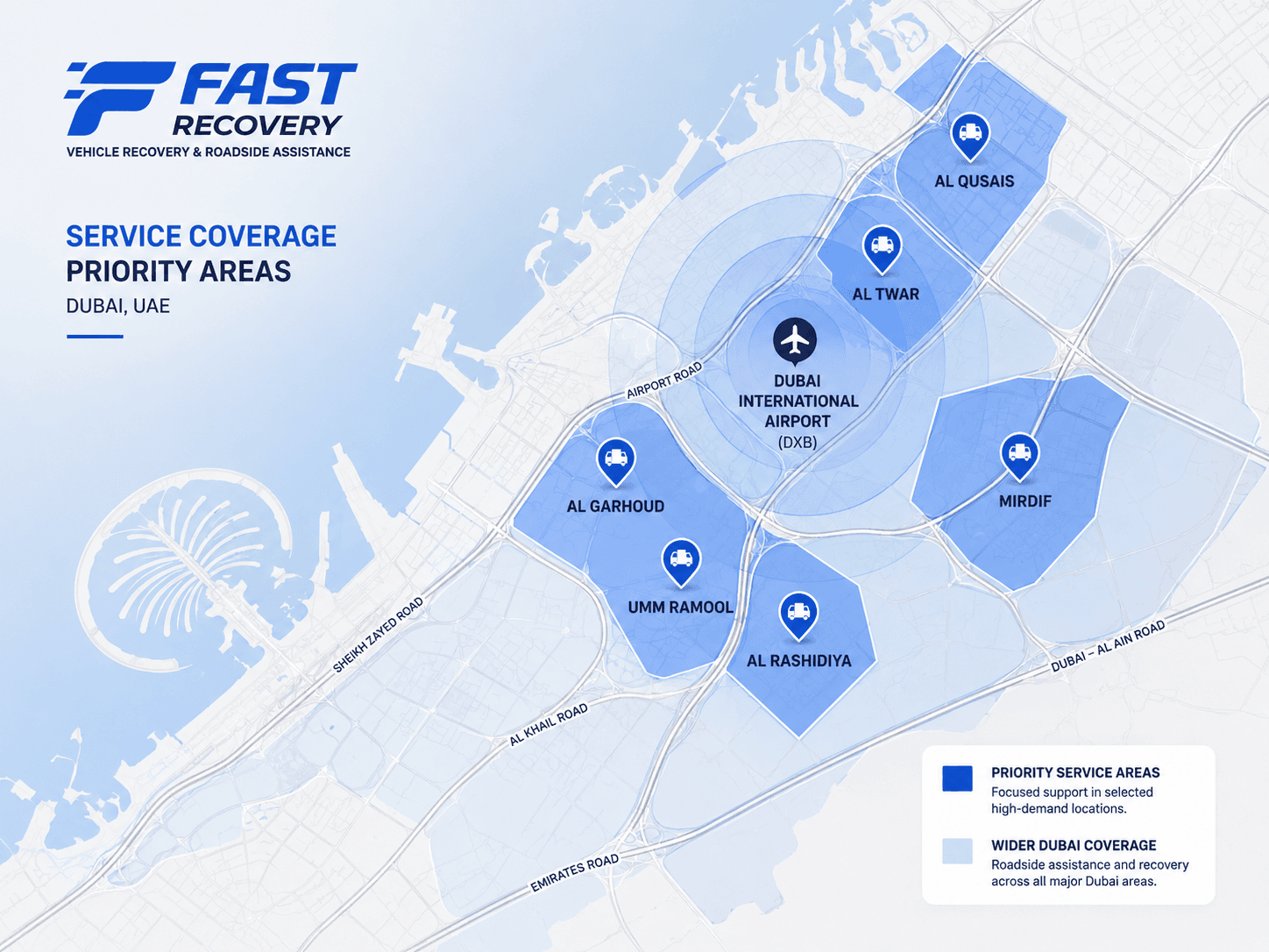 Map showing Umm Ramool and nearby FAST RECOVERY vehicle recovery areas in Dubai
