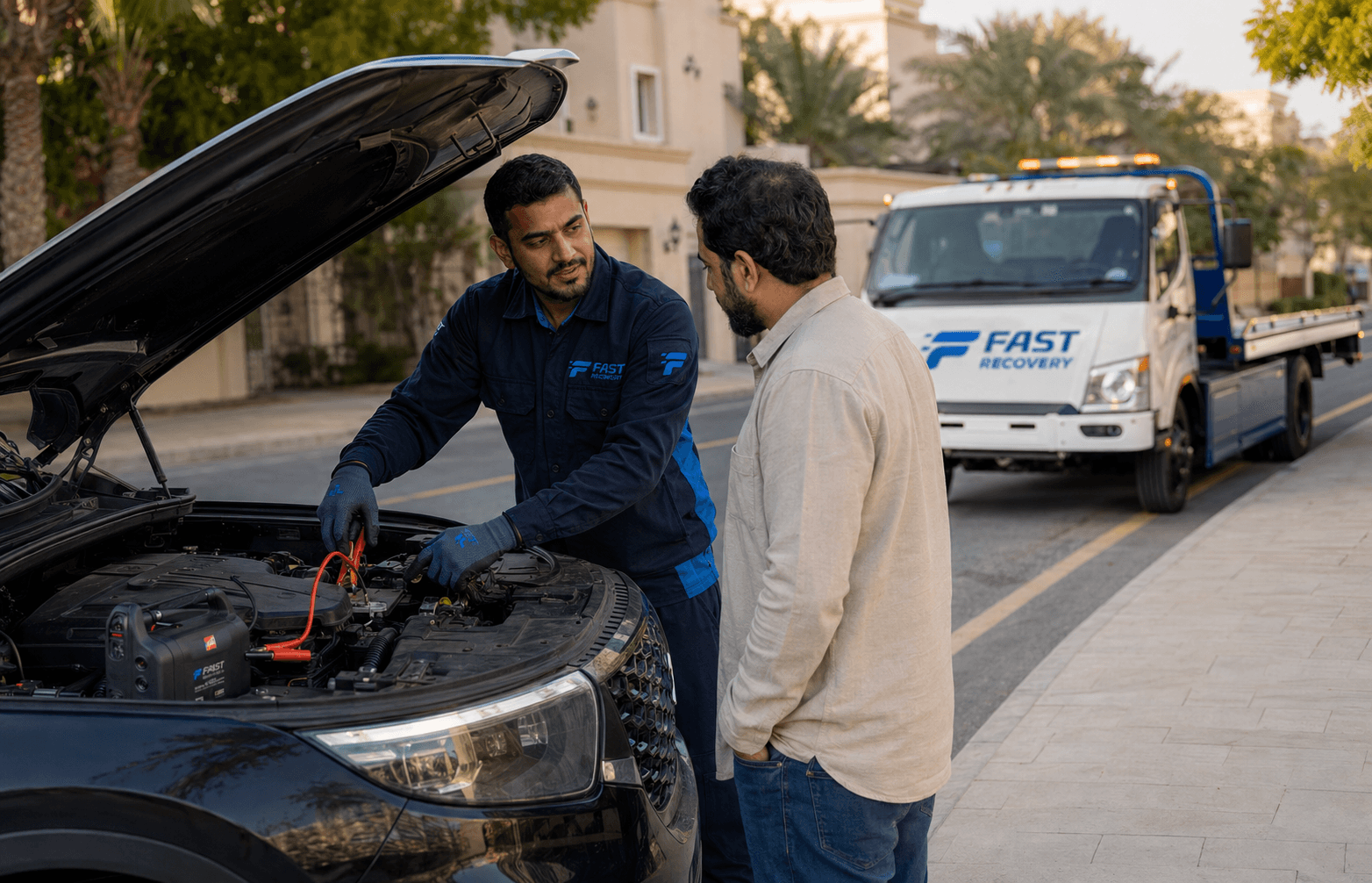 FAST RECOVERY technician providing battery assistance to an SUV outside a villa in Mirdif