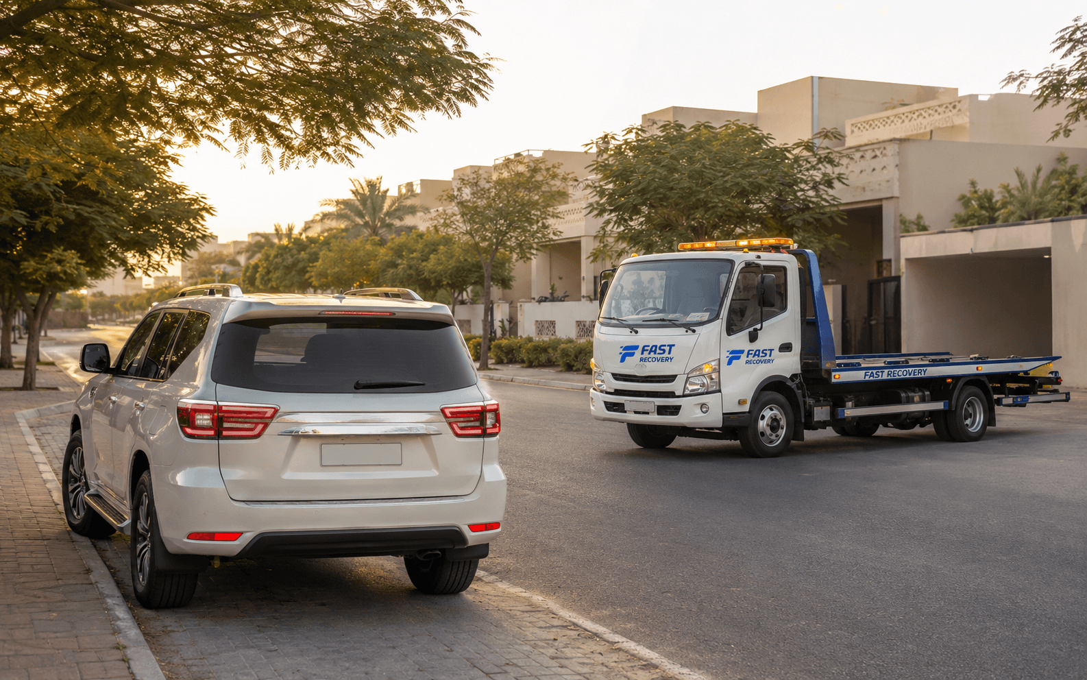 FAST RECOVERY truck beside a family SUV on a residential road in Mirdif