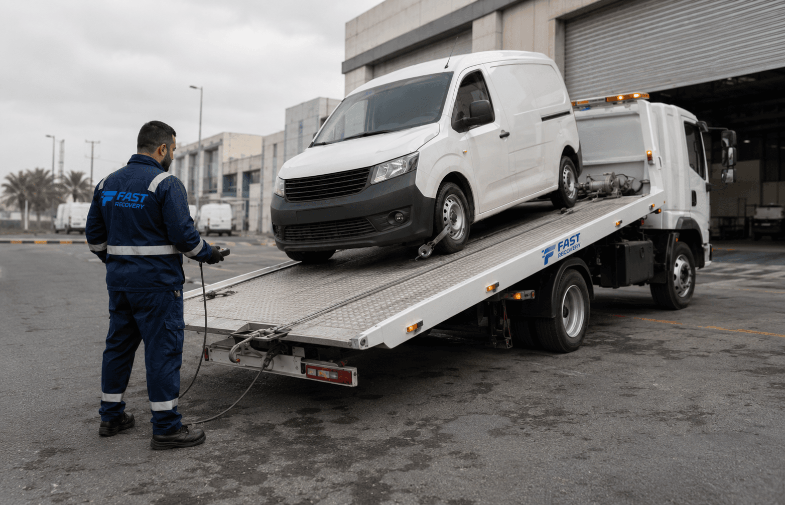 FAST RECOVERY technician operating a flatbed winch in Umm Ramool