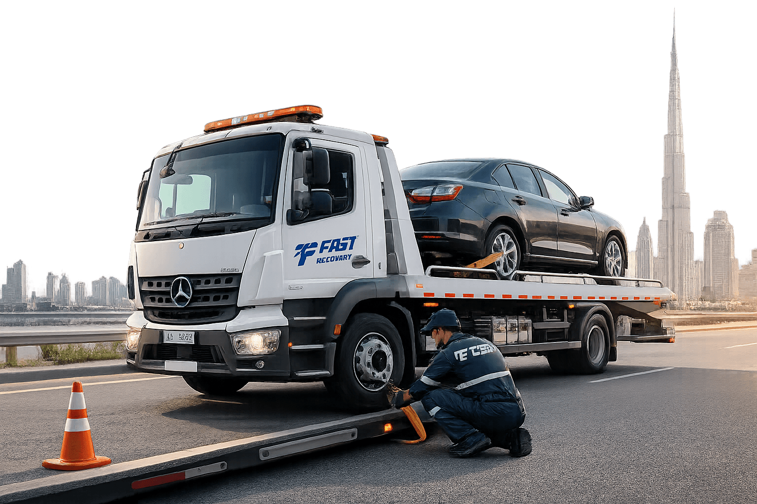 FAST RECOVERY technician securing a vehicle for transport
